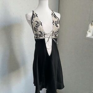 Vintage Italian Silk Lace Slip Dress Black Ivory Deep Plunge Lingerie Bias Cut L